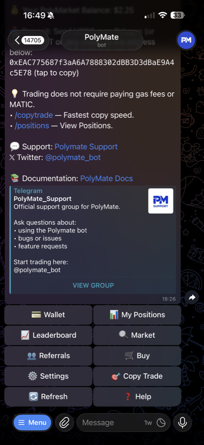 PolyMate Telegram dashboard screenshot