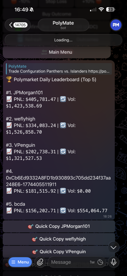 PolyMate top trader leaderboard — find wallets to copy